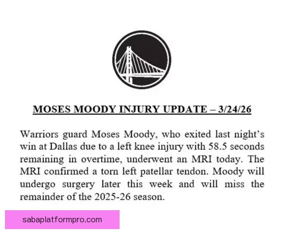 勇士官方宣布穆迪成功接受手术将缺席本赛季余下比赛预计完全康复